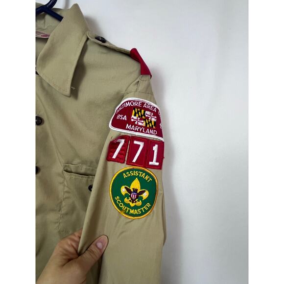 Boy Scotts of America Mens Med Long Tan Long Sleeve Button Up Shirt with Patches - Picture 7 of 8